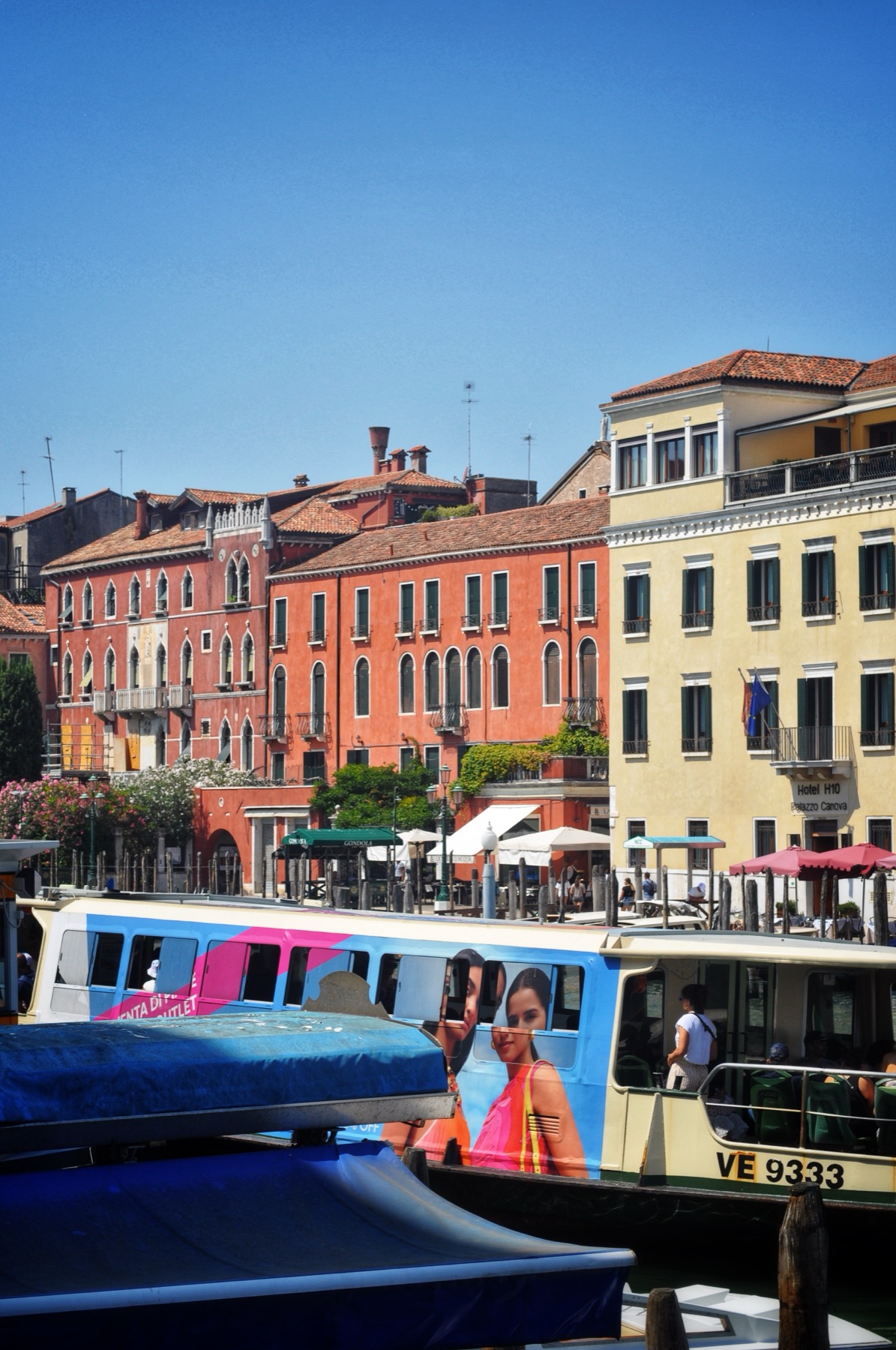 Colourful facades along a busy Venetian waterfront
