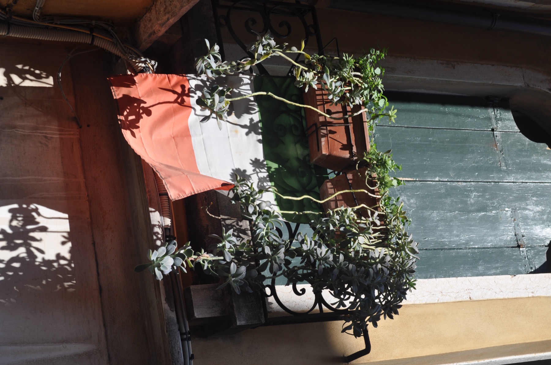 Succulents spilling over a wrought-iron balcony above an Italian flag
